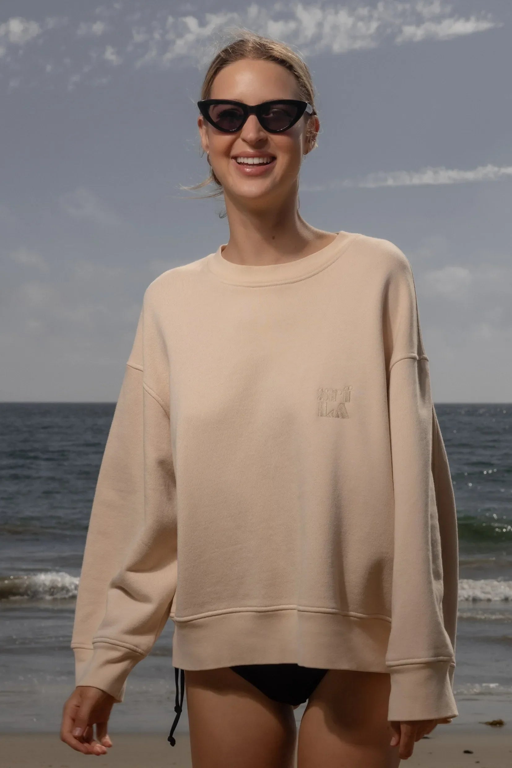 Barrel Sleeve 70's SRF LA Crewneck - Antique Cream Embroidered - Heidi Merrick