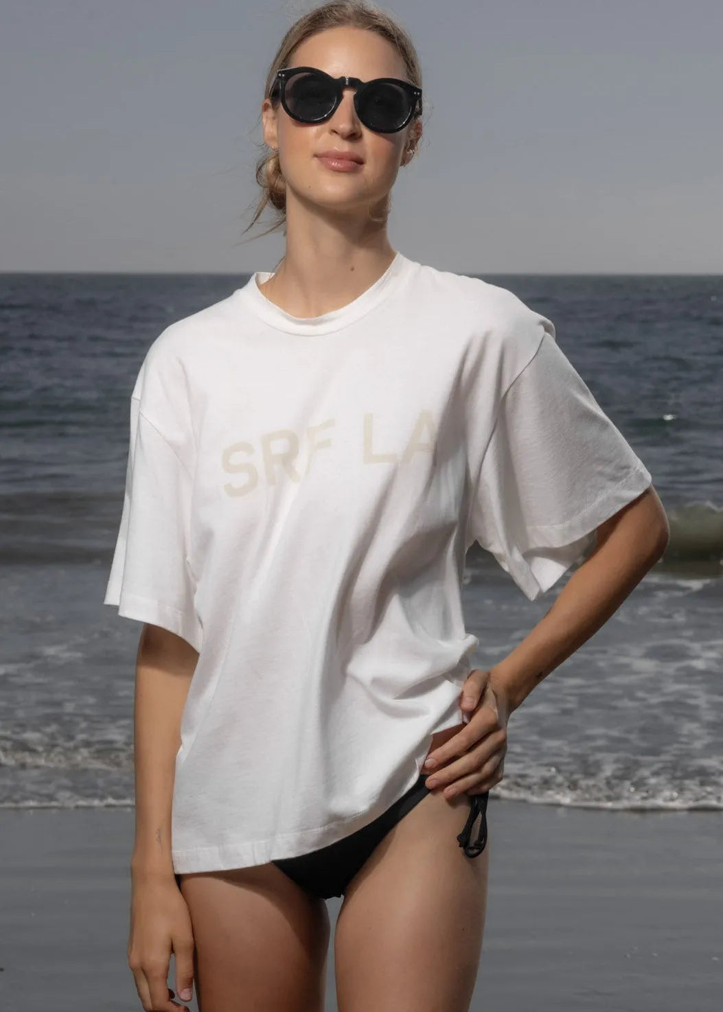 SRF LA Mustache Tee - Antique Cream on White - Heidi Merrick