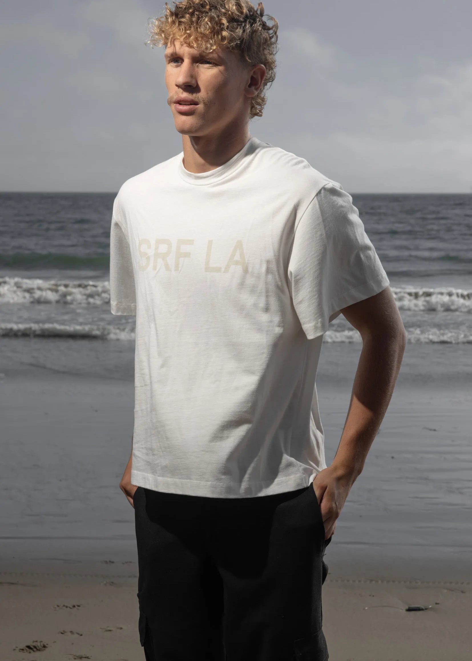 SRF LA Mustache Tee - Antique Cream on White - Heidi Merrick