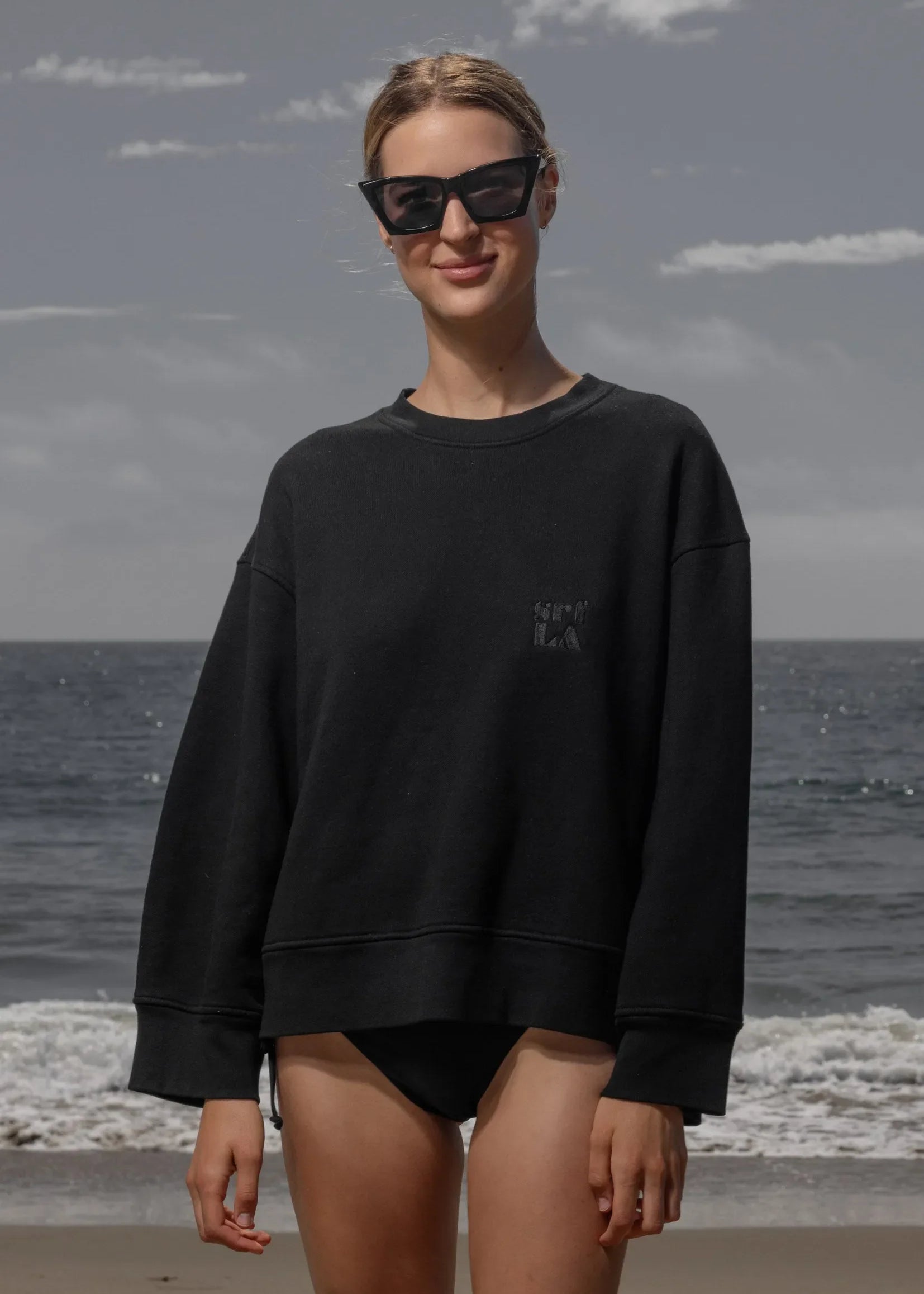 Barrel Sleeve 70's SRF LA Crewneck - Black Embroidered - Heidi Merrick