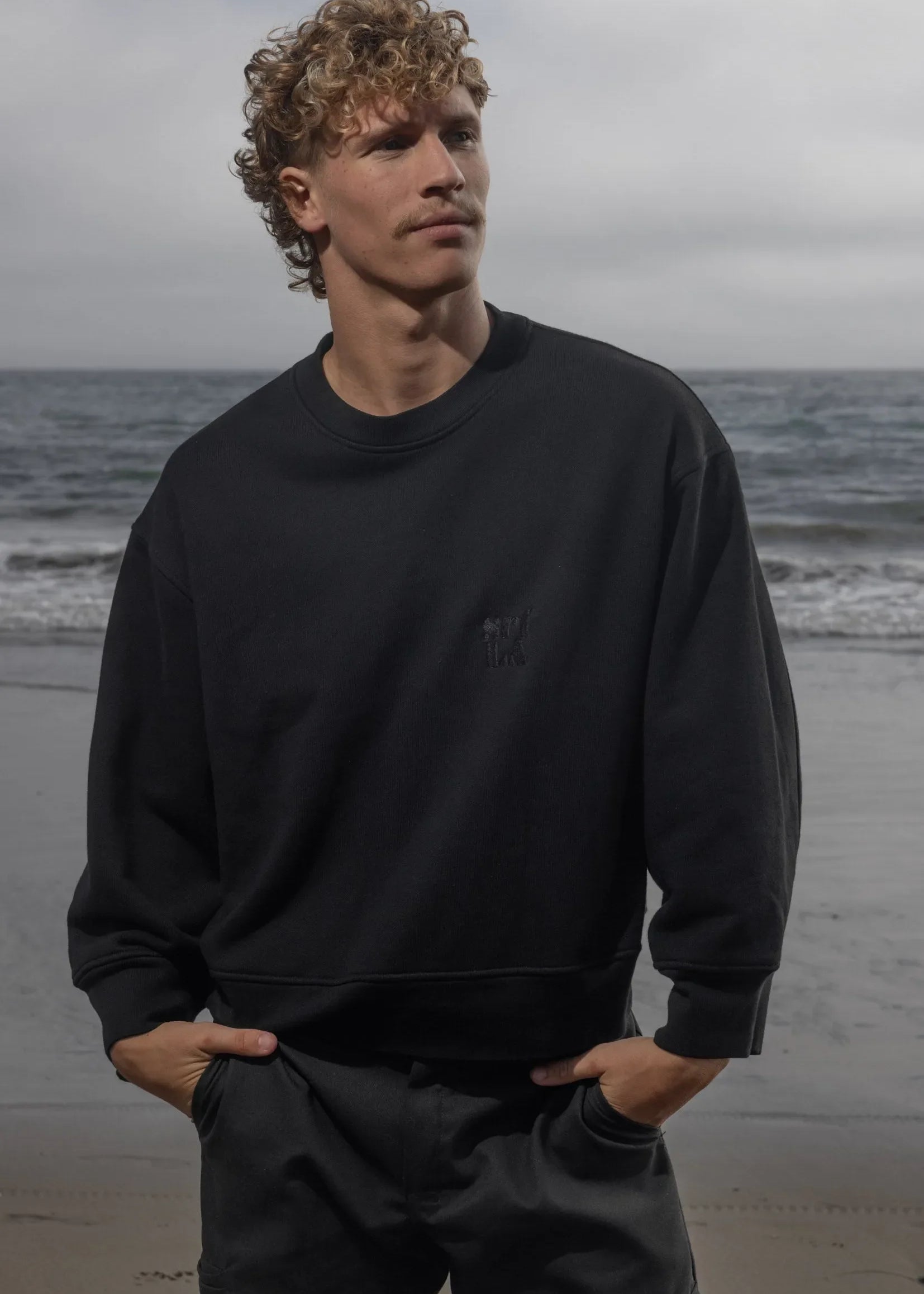 Barrel Sleeve 70's SRF LA Crewneck - Black Embroidered - Heidi Merrick