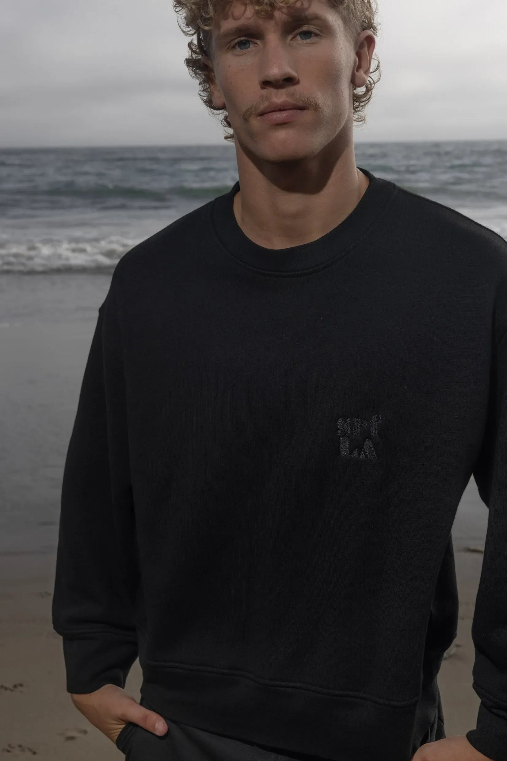 Barrel Sleeve 70's SRF LA Crewneck - Black Embroidered - Heidi Merrick